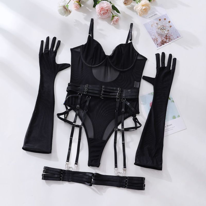 🔥 Sexy Sheer Mesh Bodysuit with Gloves – Sultry & Stylish One-Piece Lingerie 💕