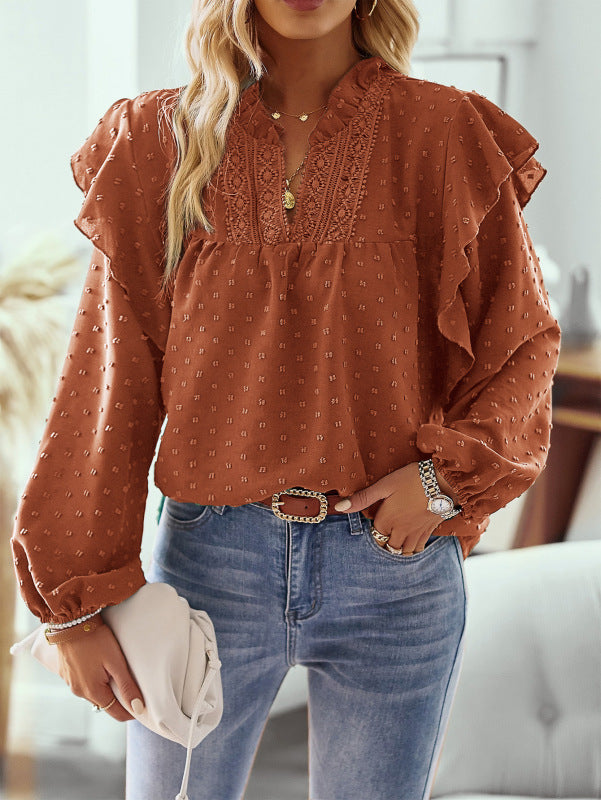 Chic Ruffled Lantern Sleeve Lace Top – Elegant & Stylish Blouse for Any Season