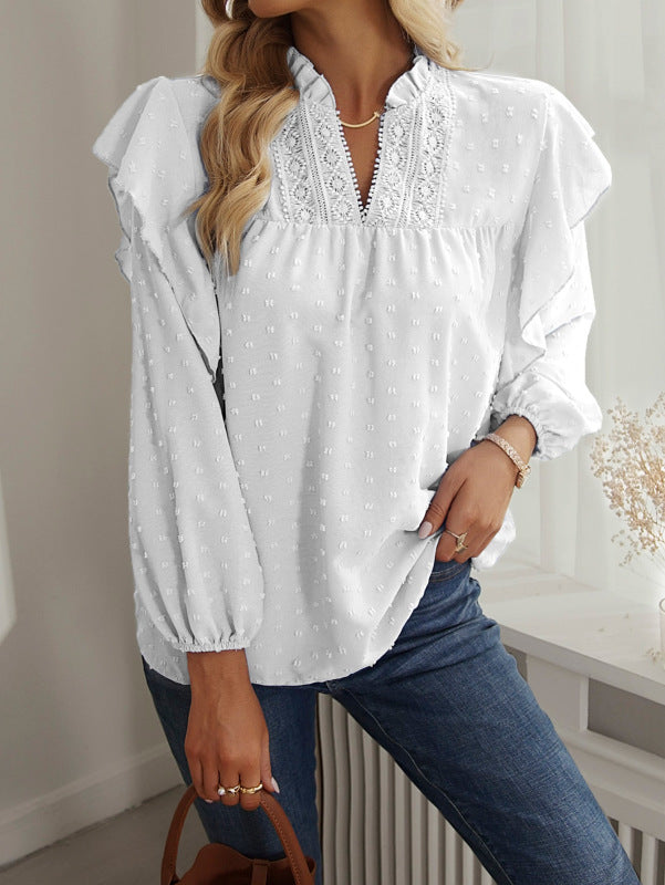 Chic Ruffled Lantern Sleeve Lace Top – Elegant & Stylish Blouse for Any Season