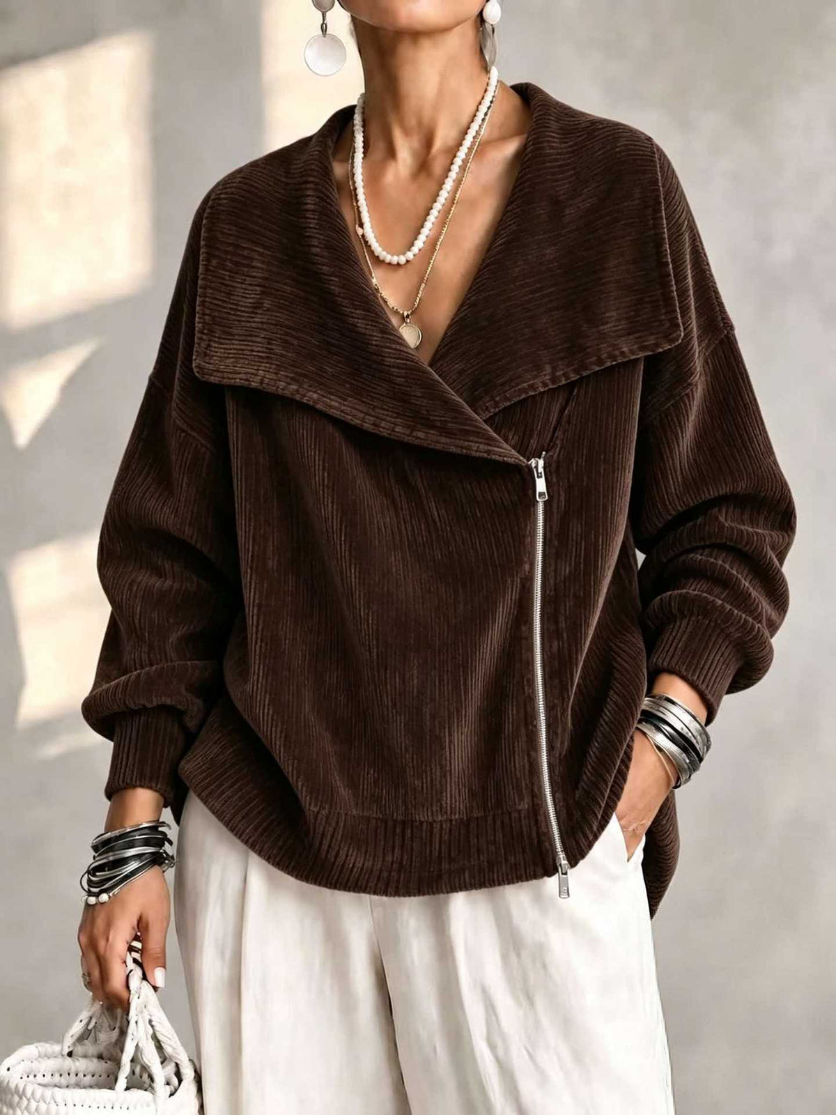 Notch-Collar Double-Zip Knit Cardigan in Brown