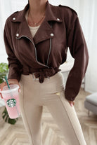 Faux Suede Lapel Zip Jacket in Brown