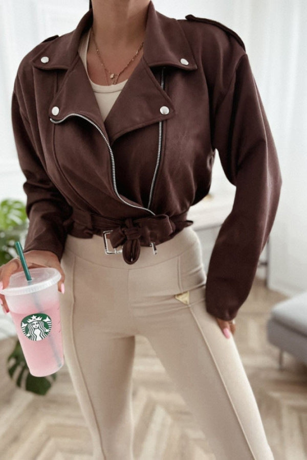 Faux Suede Lapel Zip Jacket in Brown