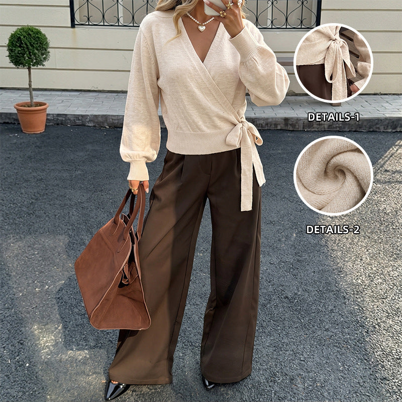 Cropped Tie-Waist V-Neck Sweater by Nue Haven