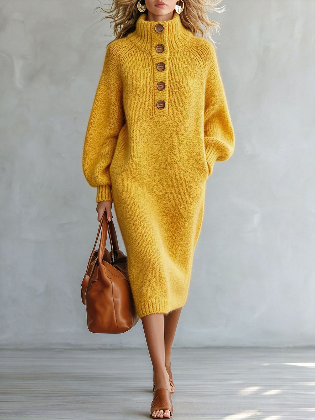 Turtleneck Button-Detail Knit Dress in Yellow