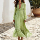 Polka Dot V-Neck Ruffle Maxi Dress by Nue Haven