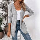 Mid-Length Pocket Knit Cardigan in Light Gray