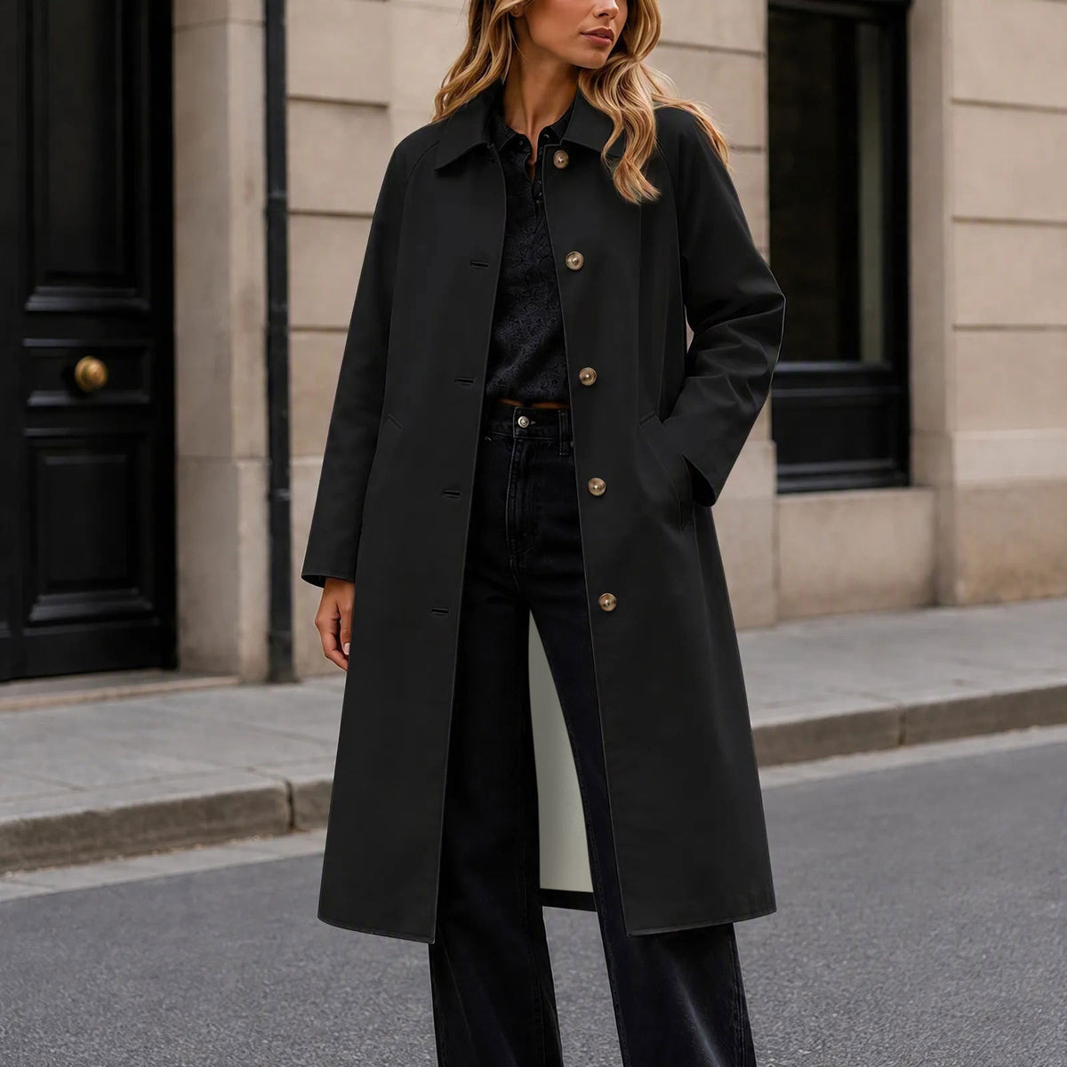 Mid-Length Notch-Collar Button Coat in Black
