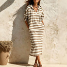 Hooded V-Neck Striped Midi Dress, view 3