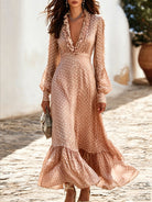 Polka Dot V-Neck Ruffle Maxi Dress in Pink