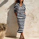 Hooded V-Neck Striped Midi Dress by Nue Haven