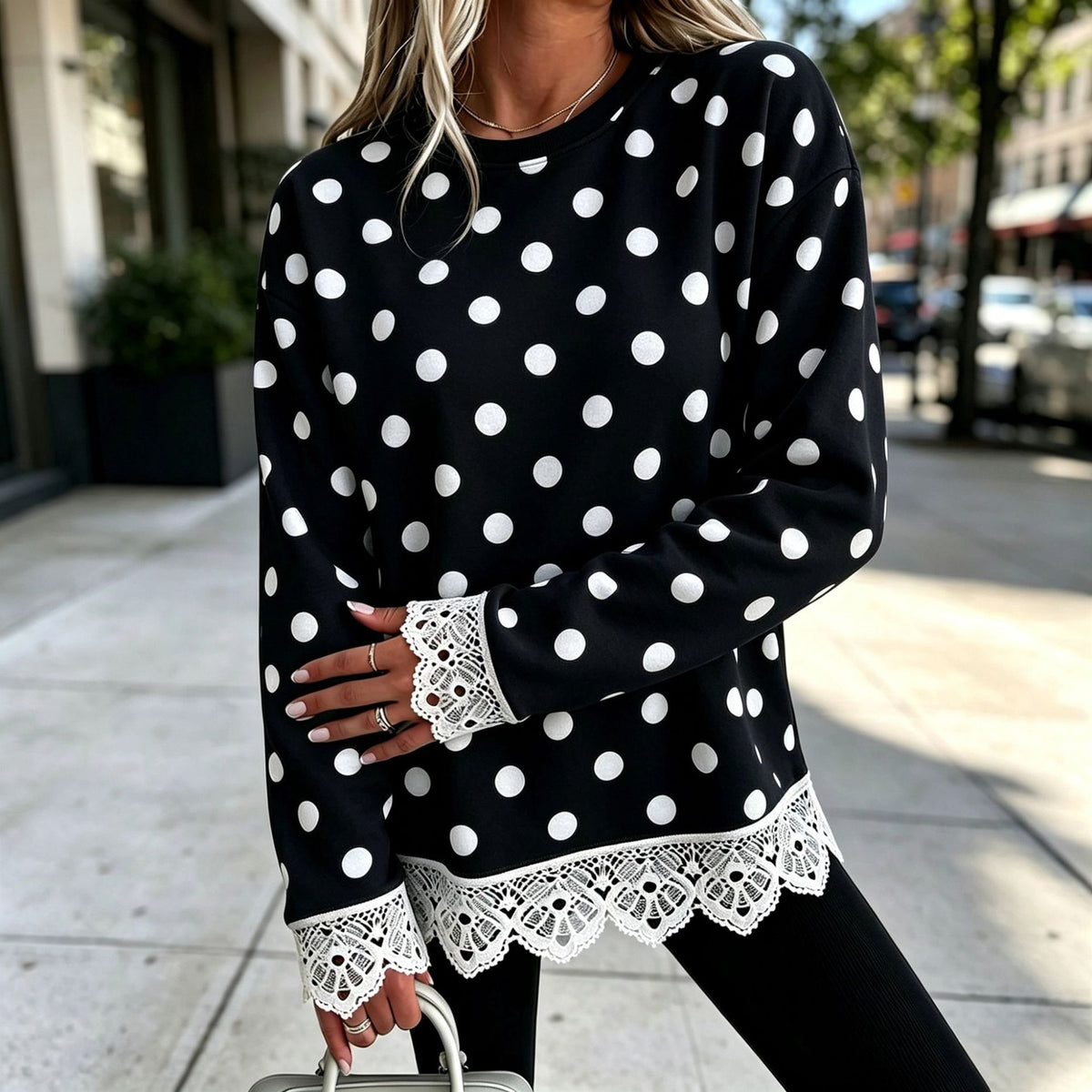 Lace-Panel Round-Neck Long-Sleeve Top in Polka Dot 5