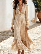 Polka Dot V-Neck Ruffle Maxi Dress in Apricot