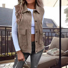 Corduroy sleeveless button-front vest with wool filling