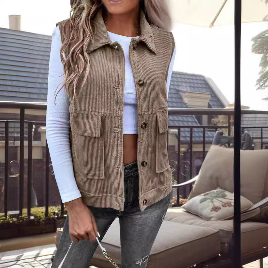 Corduroy sleeveless button-front vest with wool filling