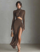 Pleated Knit Long-Sleeve Dress in Chocolate