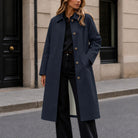 Mid-Length Notch-Collar Button Coat in Navy Blue