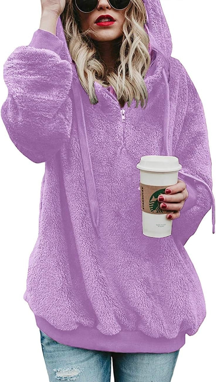 Zip-Detail Pullover Hoodie in Purple