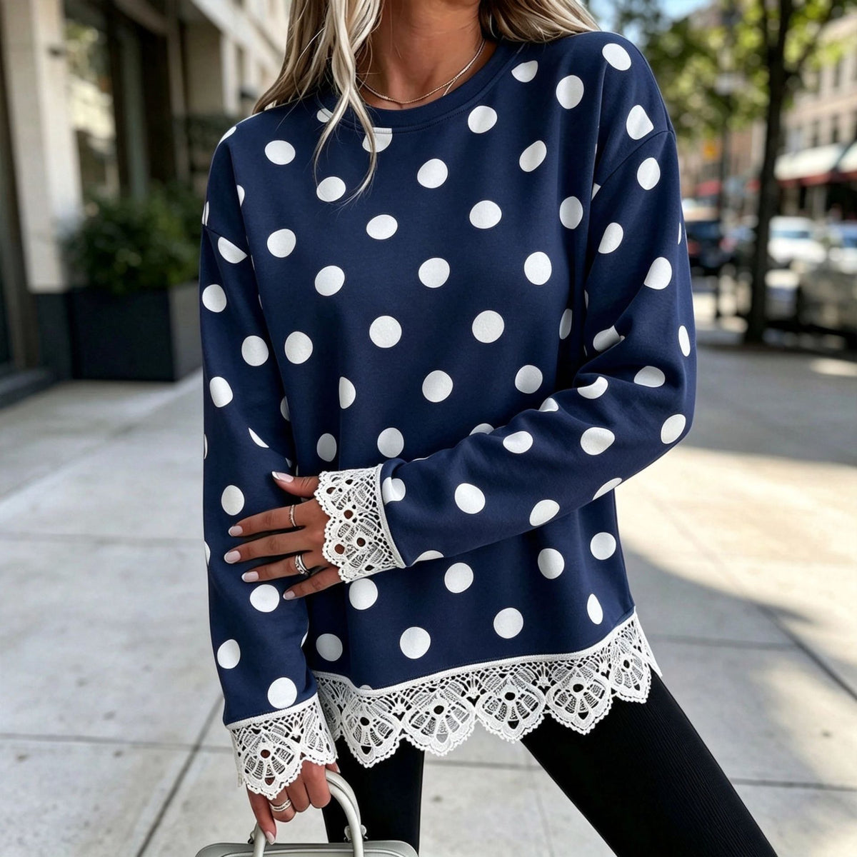 Lace-Panel Round-Neck Long-Sleeve Top in Polka Dot 2