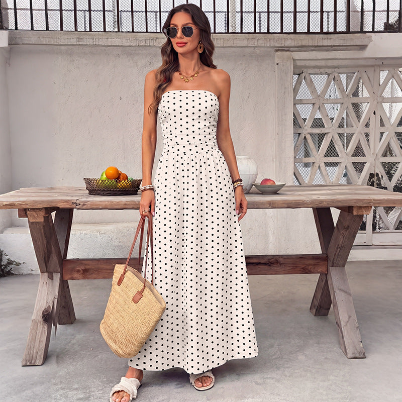 Polka Dot Strapless Maxi Dress in Cream