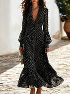 Polka Dot V-Neck Ruffle Maxi Dress in Black