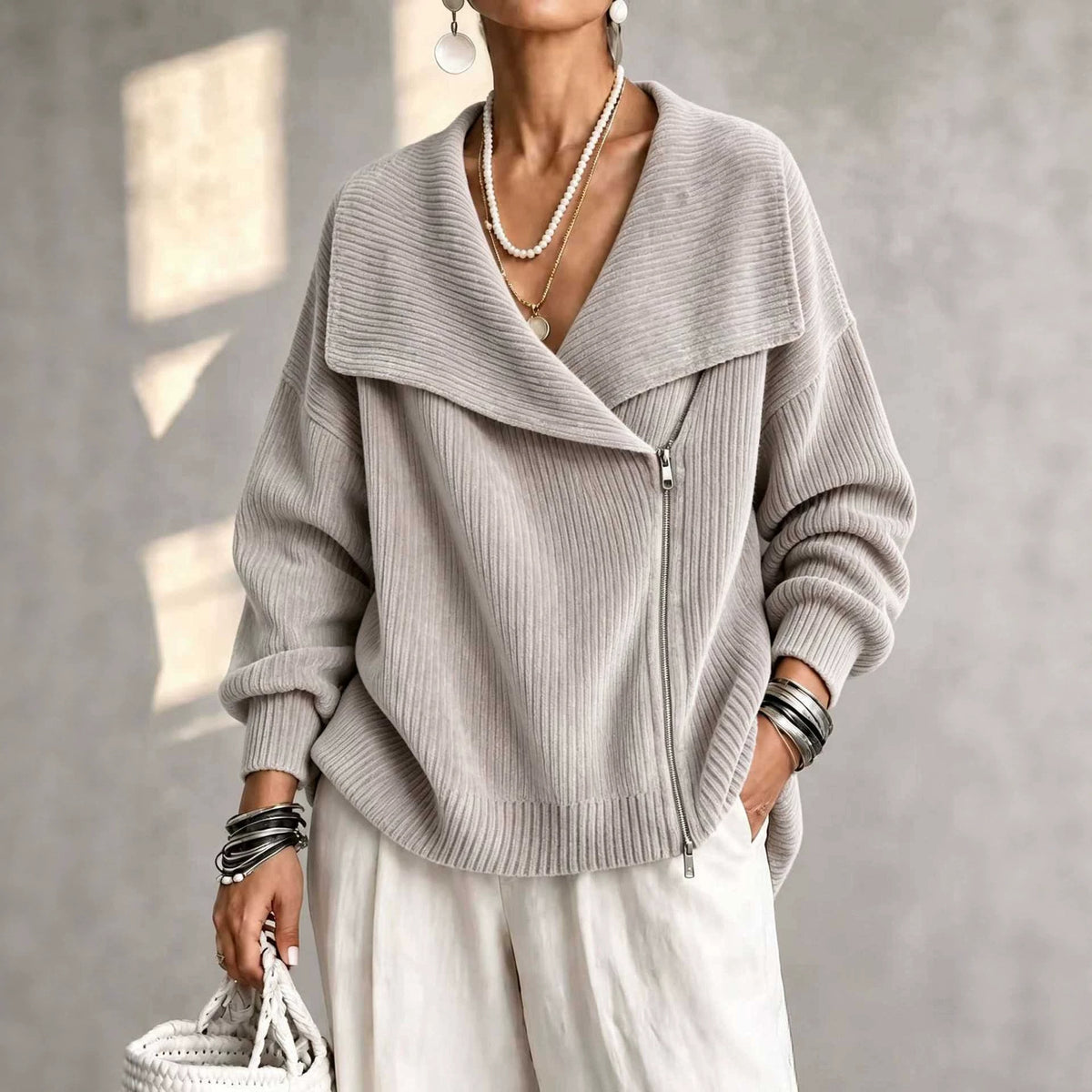 Notch-Collar Double-Zip Knit Cardigan, view 2