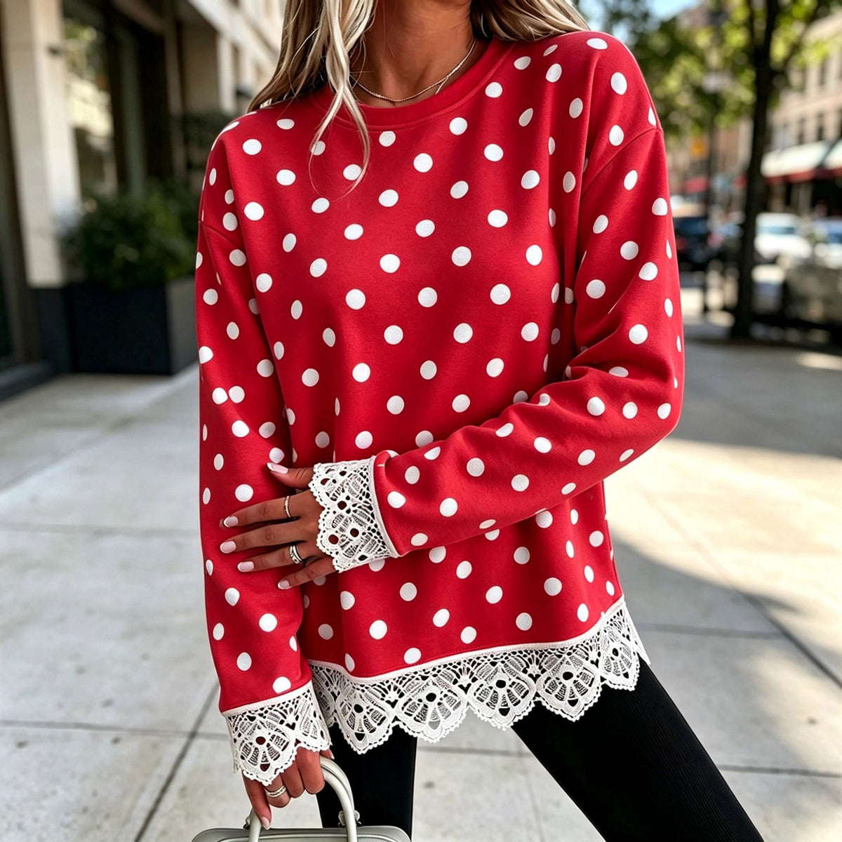 Lace-Panel Round-Neck Long-Sleeve Top in Polka Dot 1