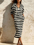 Hooded V-Neck Striped Midi Dress in Black