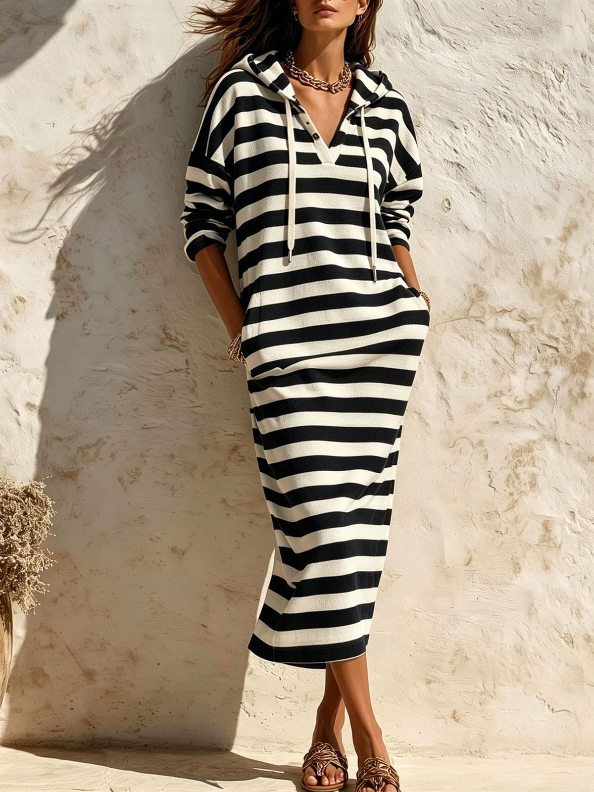 Hooded V-Neck Striped Midi Dress in Black