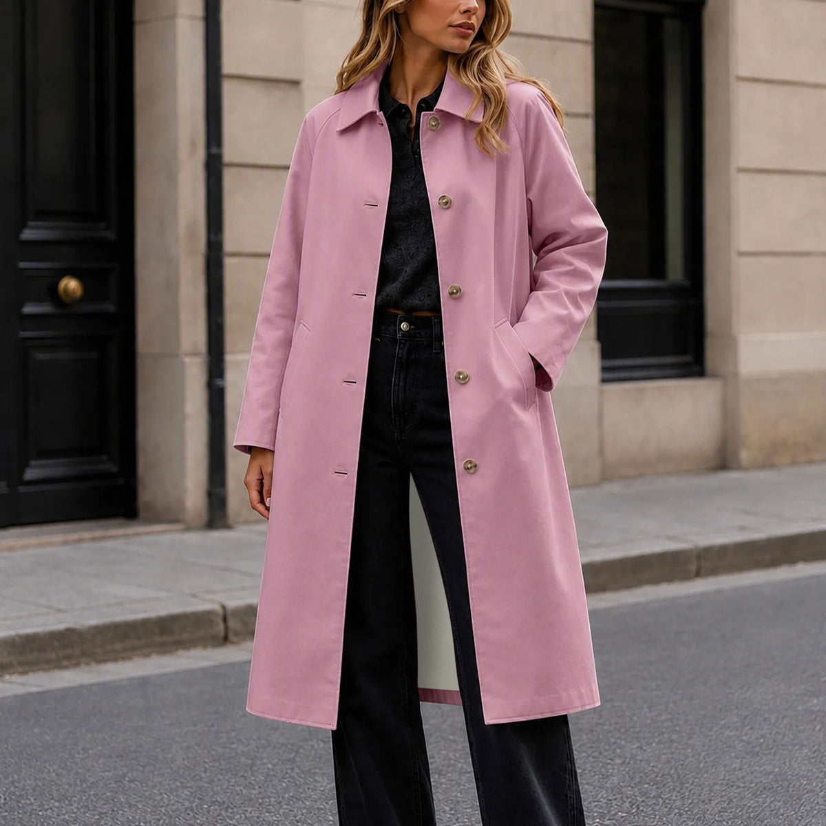 Mid-Length Notch-Collar Button Coat in Pink