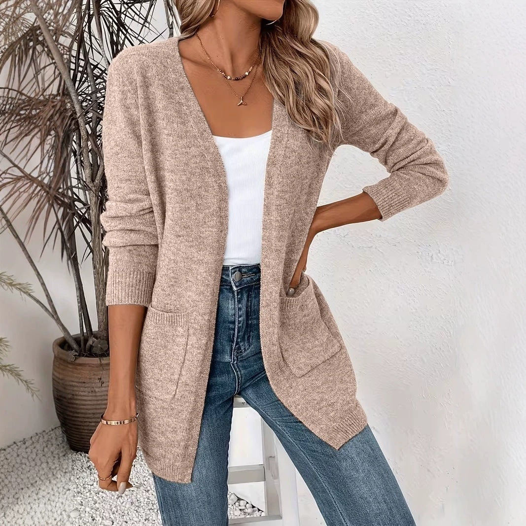 Mid-Length Pocket Knit Cardigan in Khaki