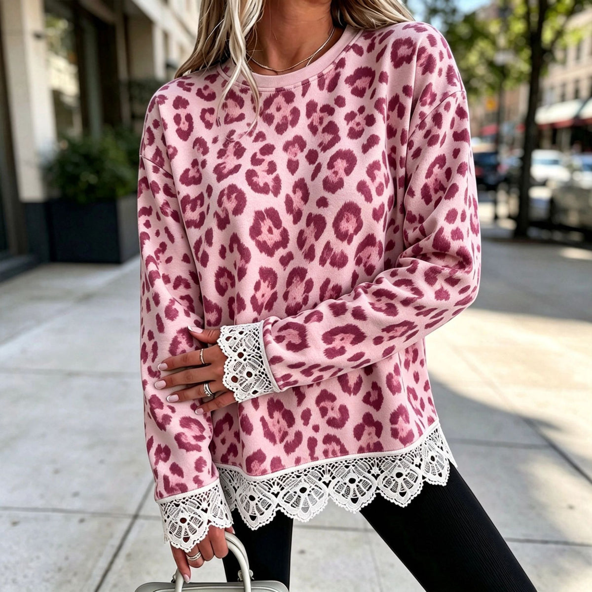 Lace-Panel Round-Neck Long-Sleeve Top in Leopard 1