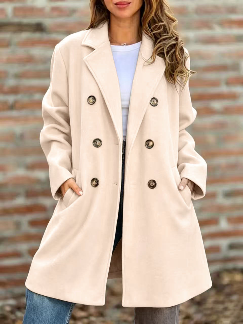 Long Lapel Double-Breasted Coat in Apricot