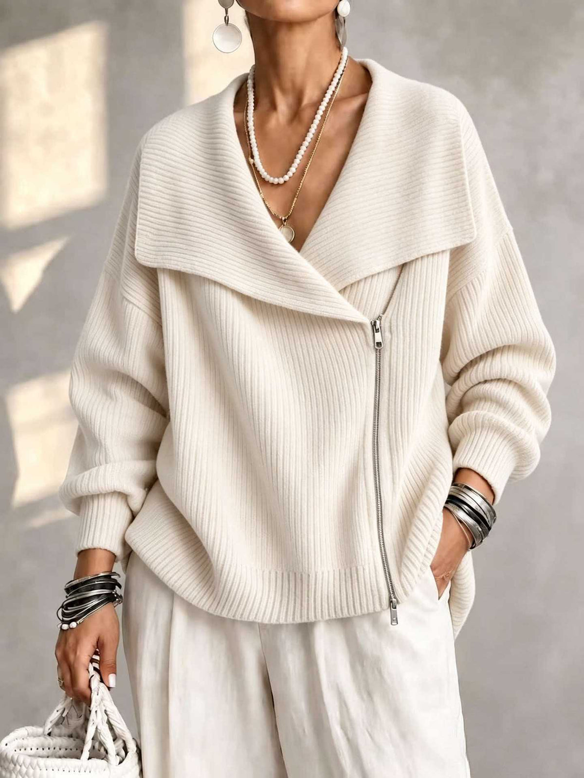 Notch-Collar Double-Zip Knit Cardigan in Beige
