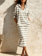 Hooded V-Neck Striped Midi Dress in Gray