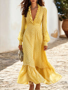 Polka Dot V-Neck Ruffle Maxi Dress in Yellow