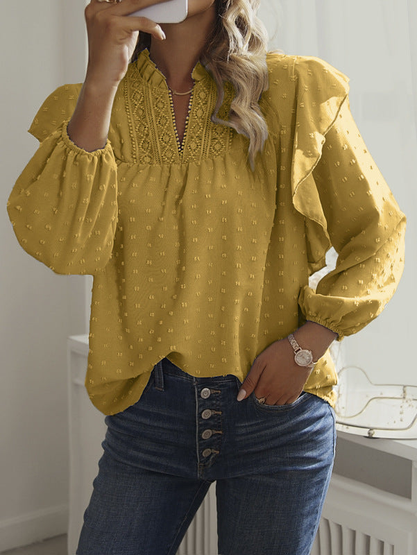 Chic Ruffled Lantern Sleeve Lace Top – Elegant & Stylish Blouse for Any Season