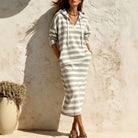 Hooded V-Neck Striped Midi Dress, view 4