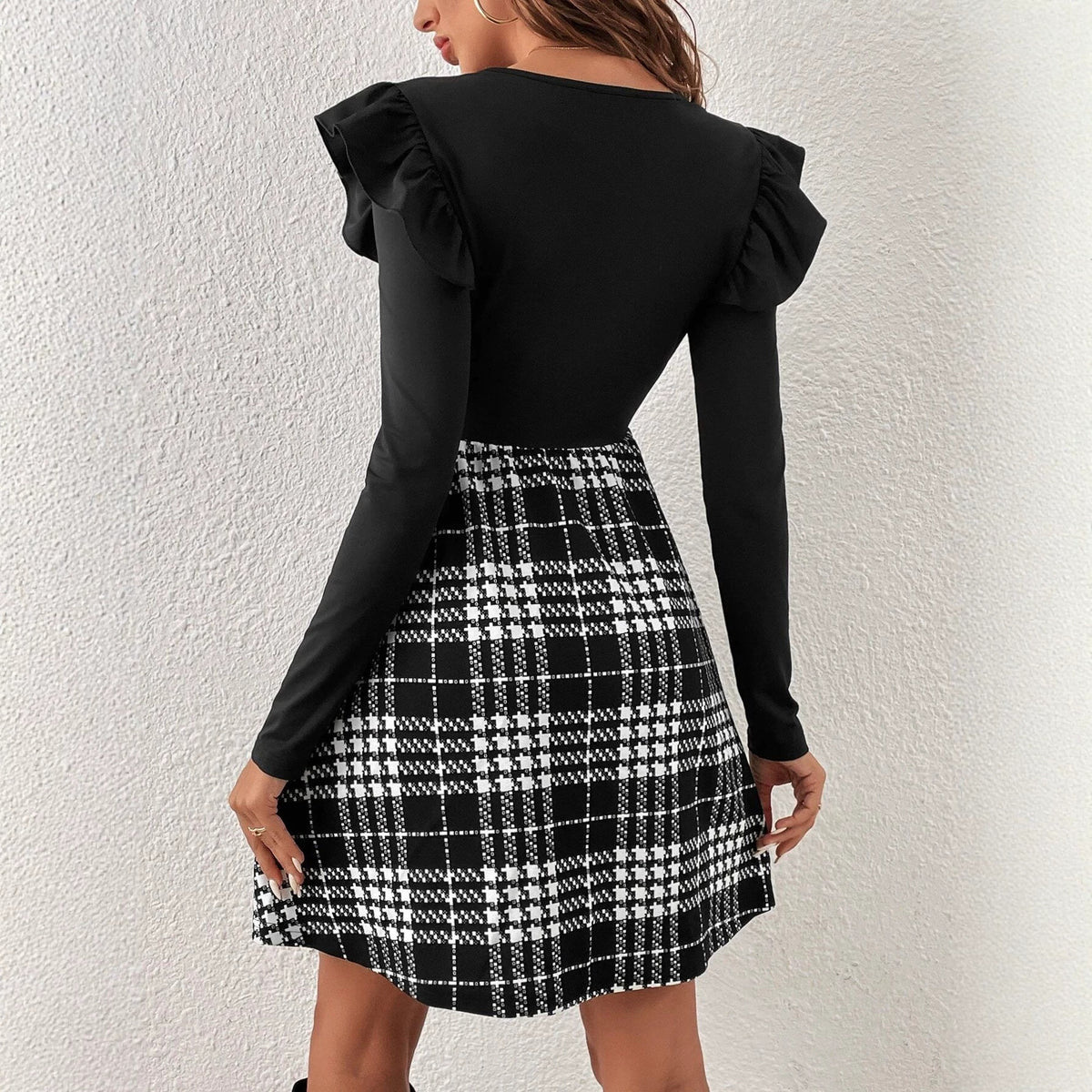 Ruffled Plaid Patchwork Midi Dress, view 2