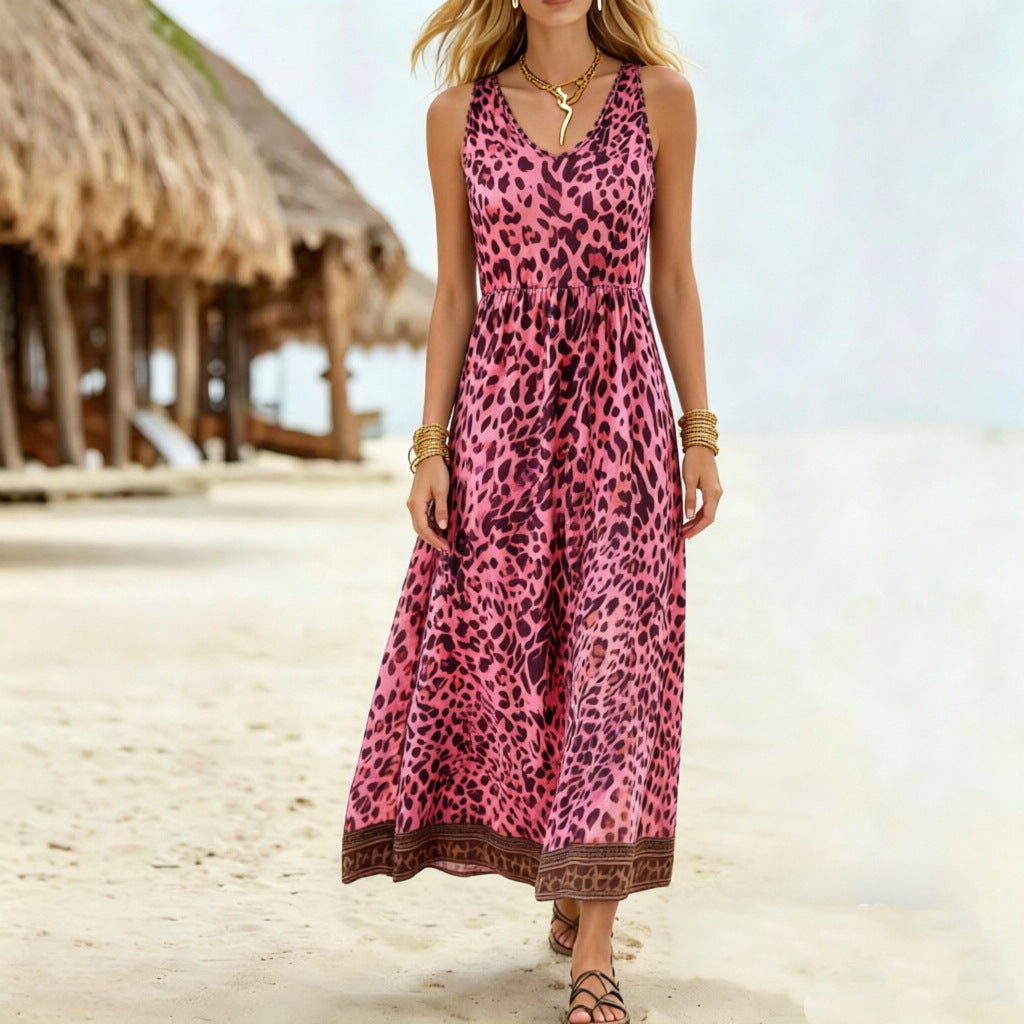 Leopard print sleeveless V-neck dress