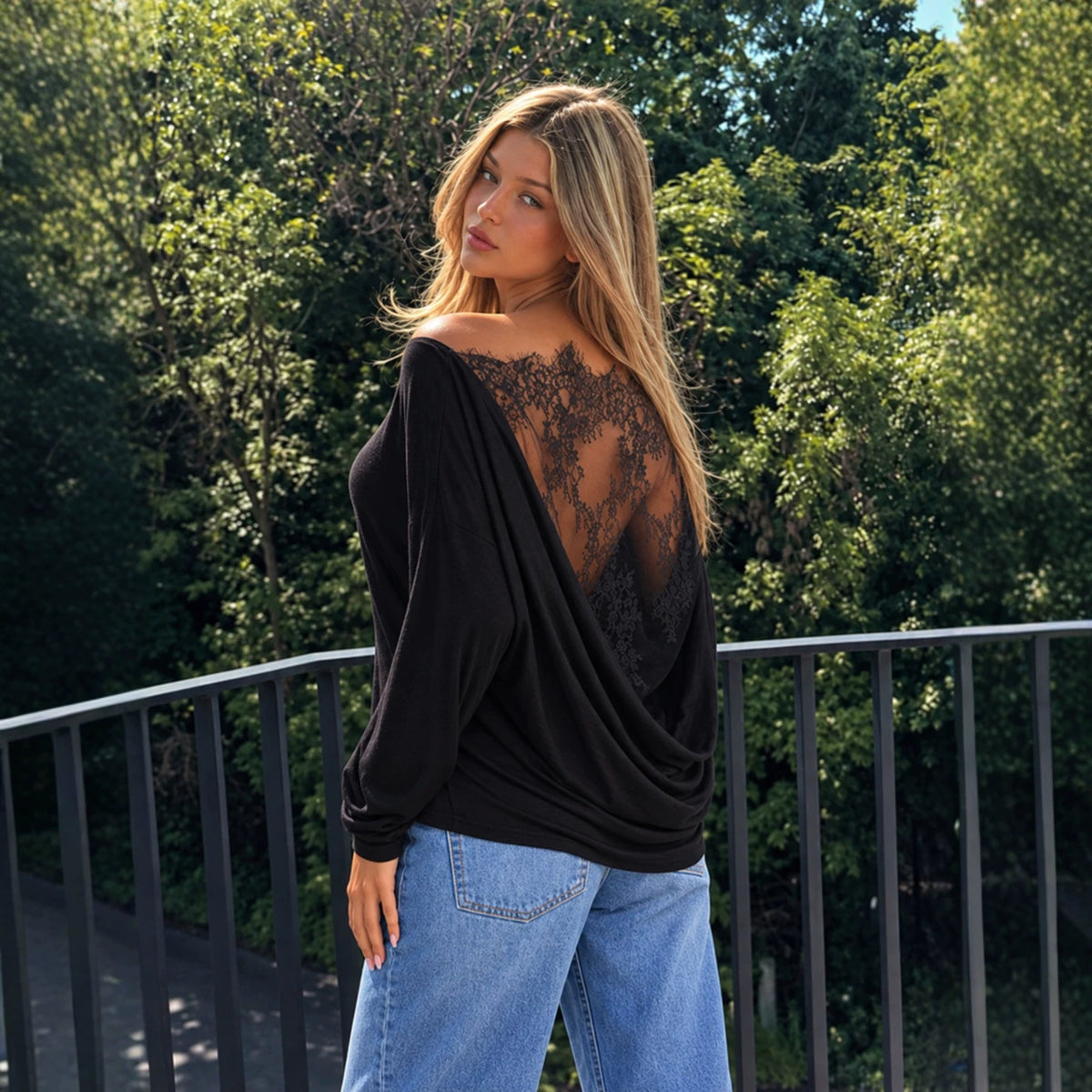 Off-Shoulder Lace-Back Long-Sleeve Top, view 4