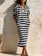 Hooded V-Neck Striped Midi Dress in Navy Blue