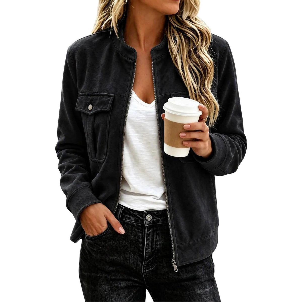 Faux Suede Stand-Collar Zip Jacket in Black