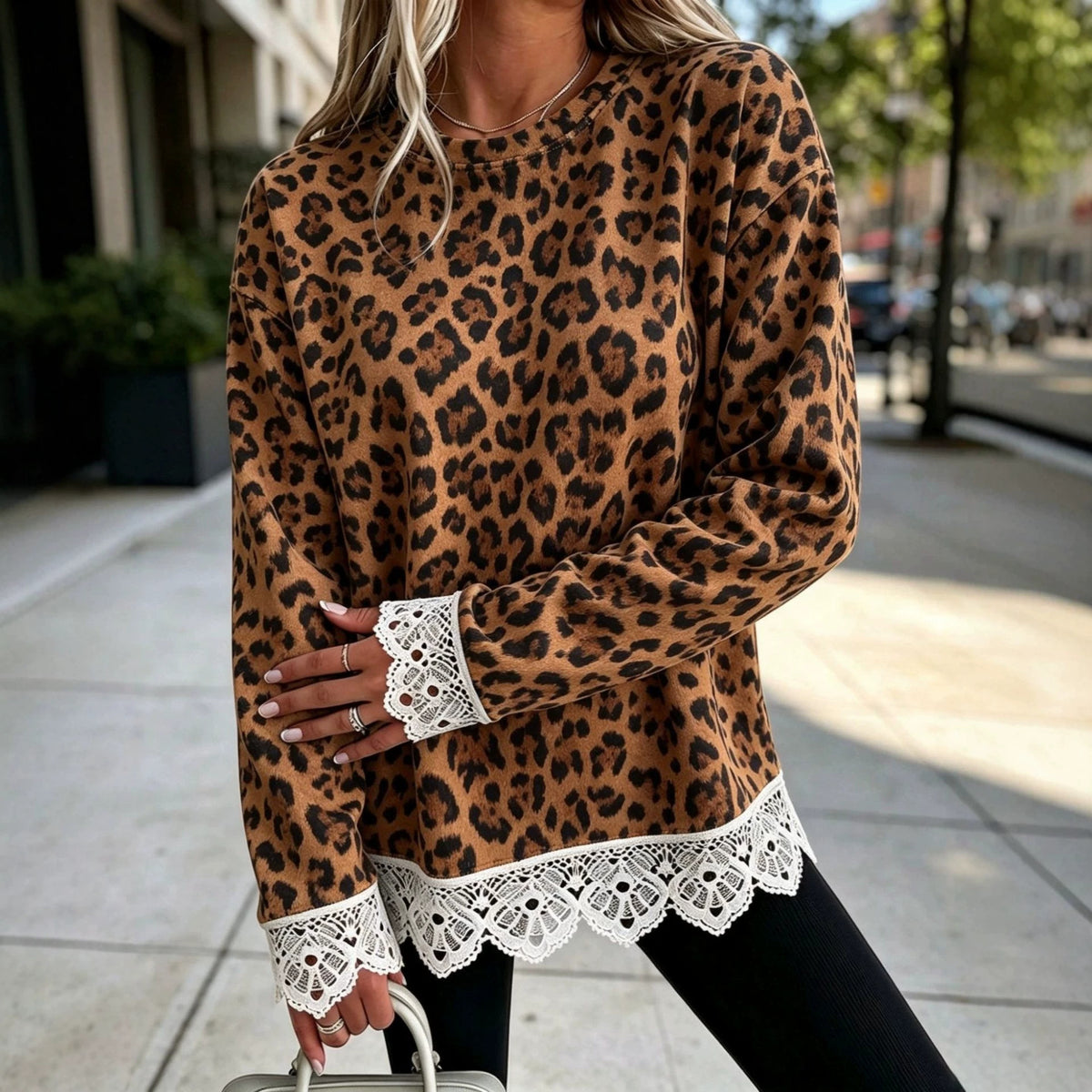 Lace-Panel Round-Neck Long-Sleeve Top by Nue Haven