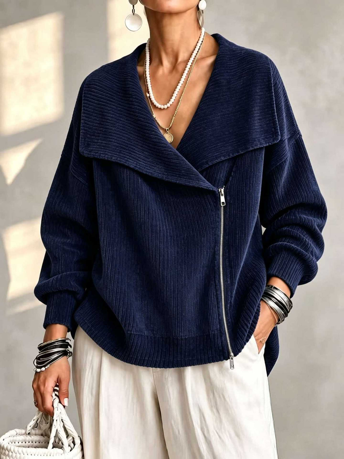 Notch-Collar Double-Zip Knit Cardigan in Navy Blue