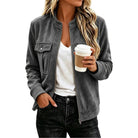 Faux Suede Stand-Collar Zip Jacket in Gray