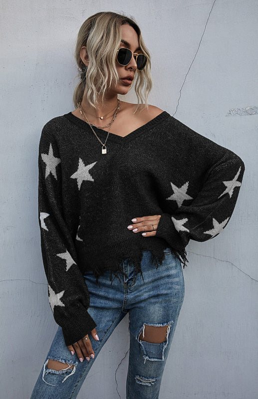 Cozy Star Knit Sweater V-Neck Fringe – Trendy Fall Must-Have