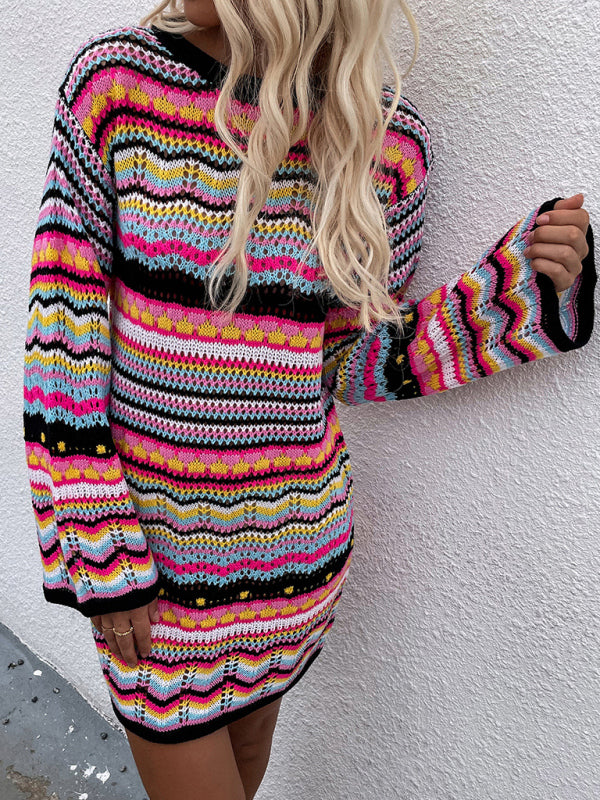 🌈 Cozy & Chic Rainbow Stripe Sweater Dress – Trendy & Comfy Must-Have ✨