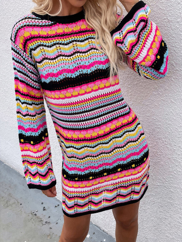 🌈 Cozy & Chic Rainbow Stripe Sweater Dress – Trendy & Comfy Must-Have ✨