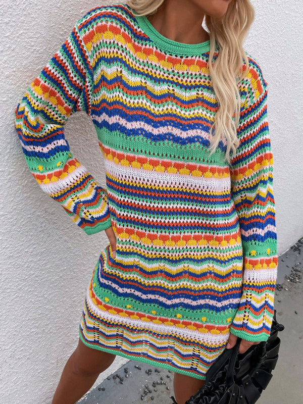 🌈 Cozy & Chic Rainbow Stripe Sweater Dress – Trendy & Comfy Must-Have ✨