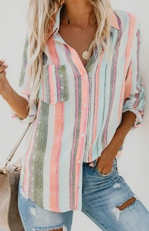 Striped Button-Up Shirt – Colorful & Chic Long Sleeve Top for Any Season